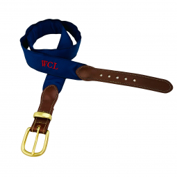Red Monogram on Navy Grosgrain Tab & Buckle Belt with a Brass Keeper