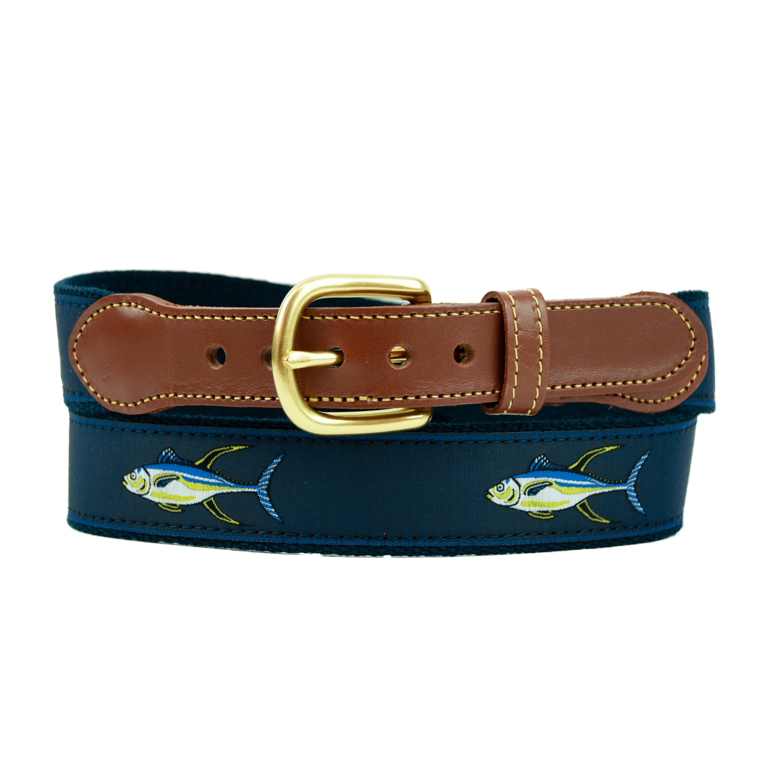 Yellow Fin Tuna on Navy Cotton Web with Stitch Tab: Eliza B & Leather ...