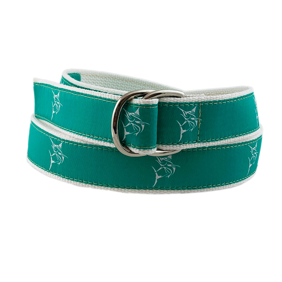 D-Ring Belt with Green Marlin on White Cotton Web: Eliza B & Leather ...