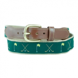 Khaki Cotton Web Stitch Tab Belt with Golf Clubs Motif