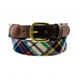 Marblehead Madras on Navy Cotton Web Yellow Stitch Tab
