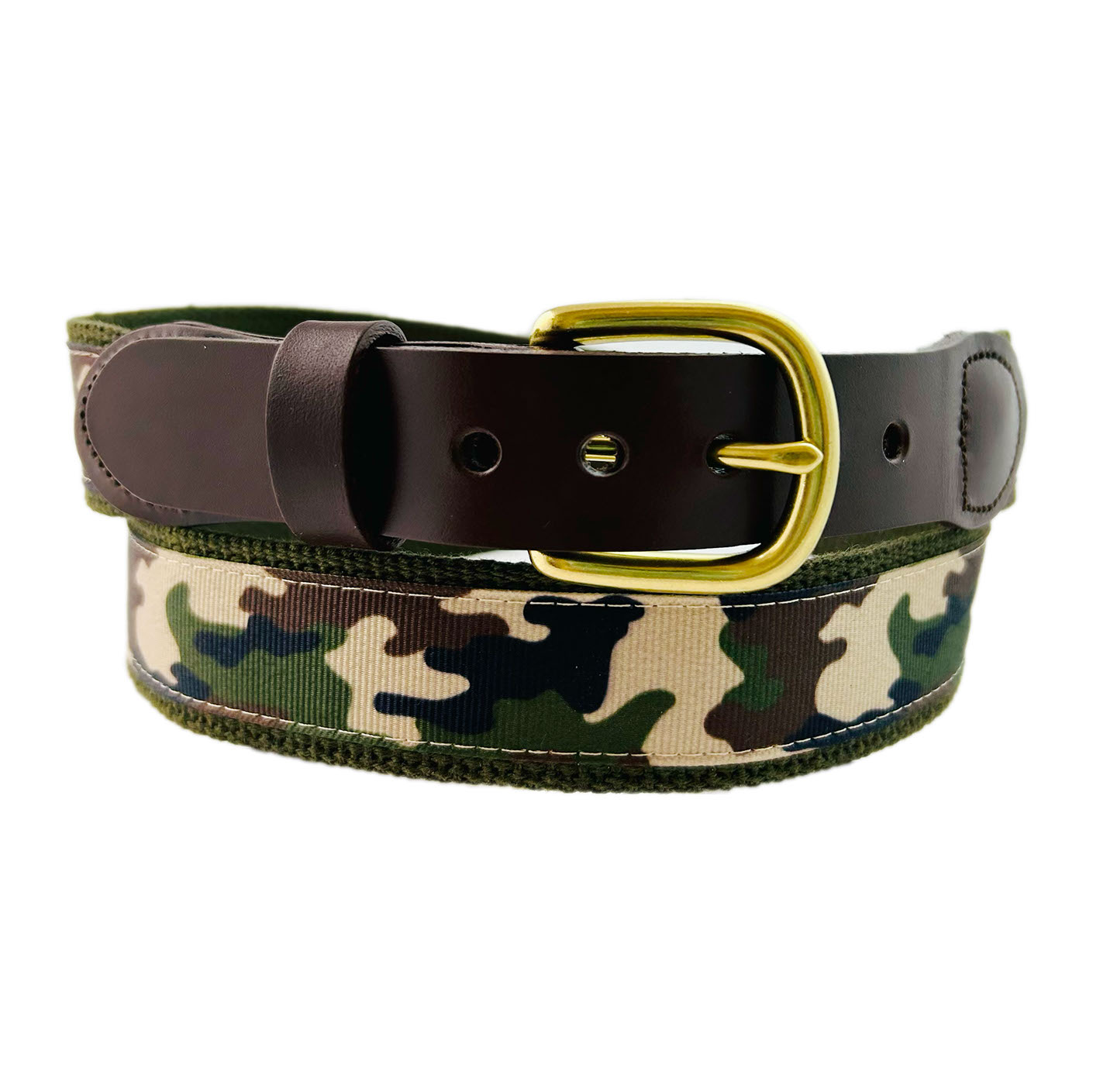 Camo Motif Belt on Olive Cotton Web: Eliza B & Leather Man Ltd