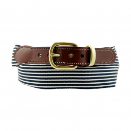 Black & White Striped Ribbon Belt with Yellow Stitch Tab and Brass Keeper