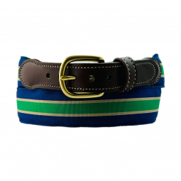 Green & Blue Striped Ribbon Belt with Yellow Stitch Tab & Brass Buckle