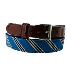 Yale Blue, Pearl & Navy Silk Tie on Navy Cotton Web with LMB Leather Tab