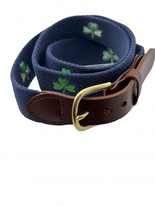 Eliza B Fabric Ribbon Belt with Clover Shamrock Design - M Shamrock Motif on Navy Cotton Web Belt: Eliza B & Leather  main image 2