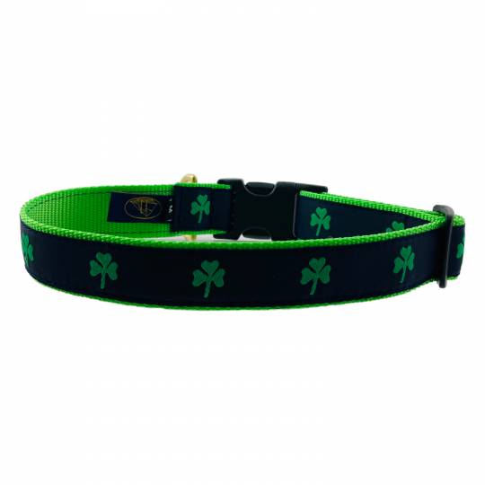 Adjustable Dog Collar in Green Nylon with Shamrock Motif