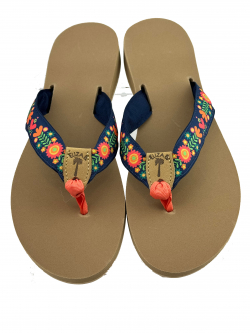 Fancy Floral 1" ribbon Sandal with Navy Back and Mango Toe and Tan EB