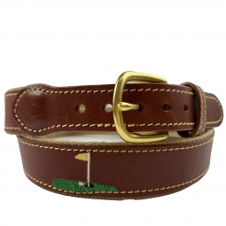 Leather Belt on Khaki Cotton Web with Golf Embroidery