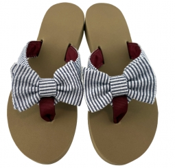 Indigo Seersucker Derby Day Bow with Cranberry Toe