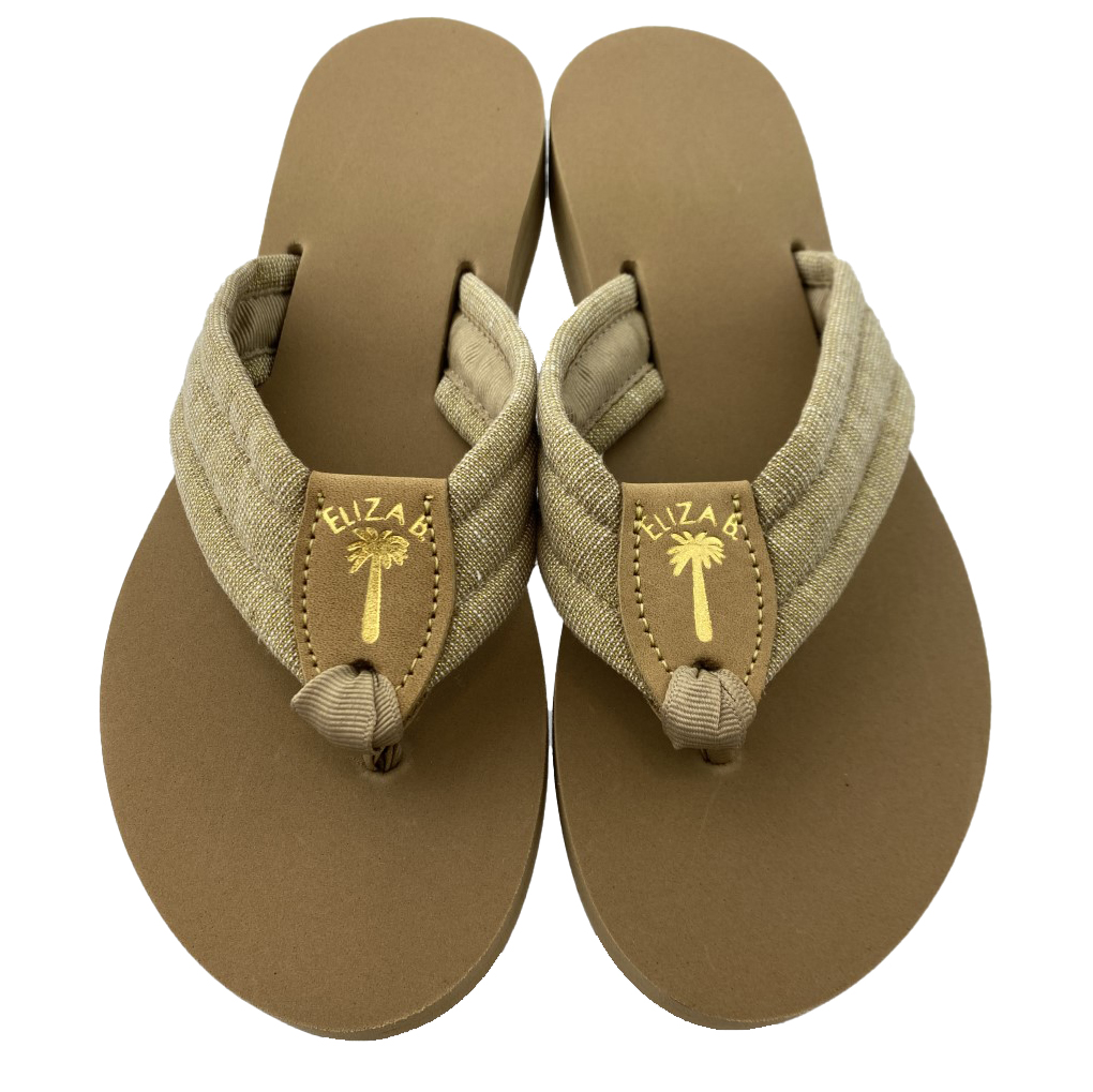 Metallic Sand Fabric Sandal with Gold Stamp: Eliza B & Leather Man Ltd