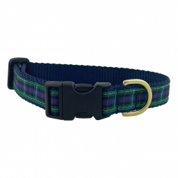 Adjustable Mini Dog Collar in Navy Nylon with  Rose Plaid