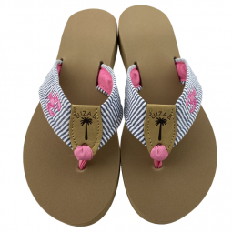 Pink Embroidered Lobster on Indigo Seersucker