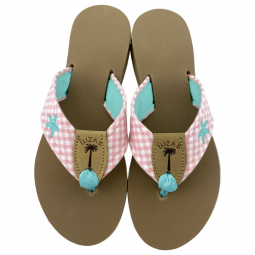 Aqua Starfish Embroidered on Pink Check with Aqua Toe Ribbon