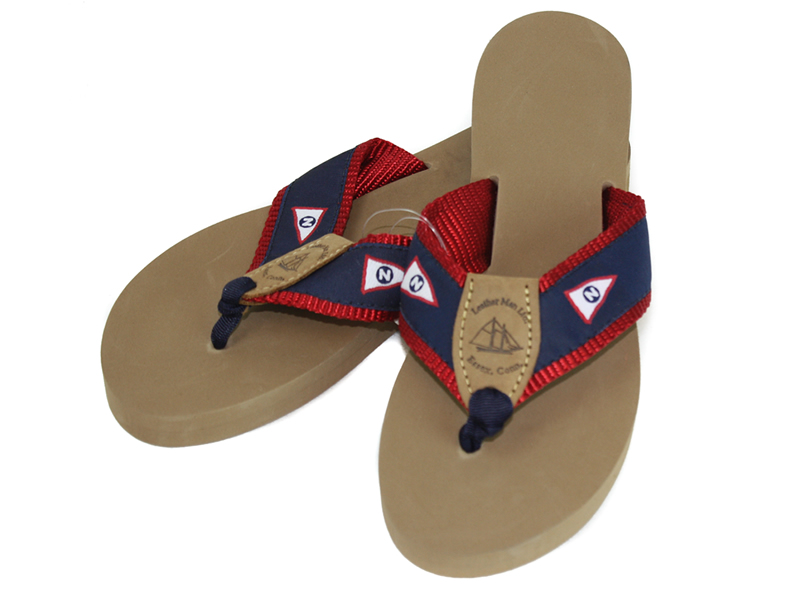 Ladies Sandal with NYC Ribbon Sewn onto Red Nylon with a Navy Toe Ribbon