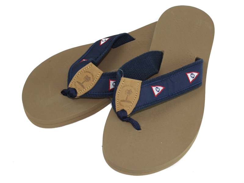 Men's Sandal with NYC ribbon sewn on to navy cotton web, peanut, navy toe ribbon